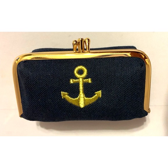 Spartina 449 Blue Gold Anchor Travel Bag Manicure Jewelry Kit Mirror Daufuskie - Picture 2 of 11